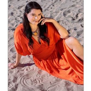 Gorgeous🏮New Coral VNeck Satin Kimono Sleeve Maxi